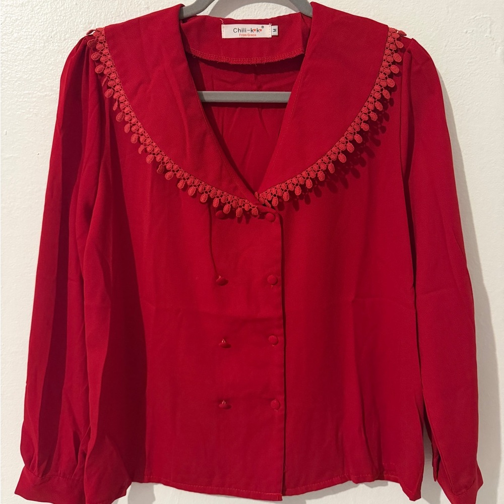 Red Pom-Trim Blouse - Women's Top